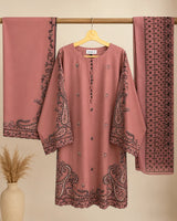 Salmon Pink & Black Paisley Embroidered Lawn 3-Piece Stitched Suit with Doriya Dupatta & Embroidered Trouser