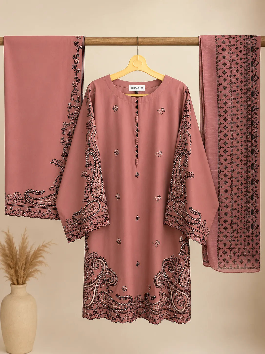 Salmon Pink & Black Paisley Embroidered Lawn 3-Piece Stitched Suit with Doriya Dupatta & Embroidered Trouser
