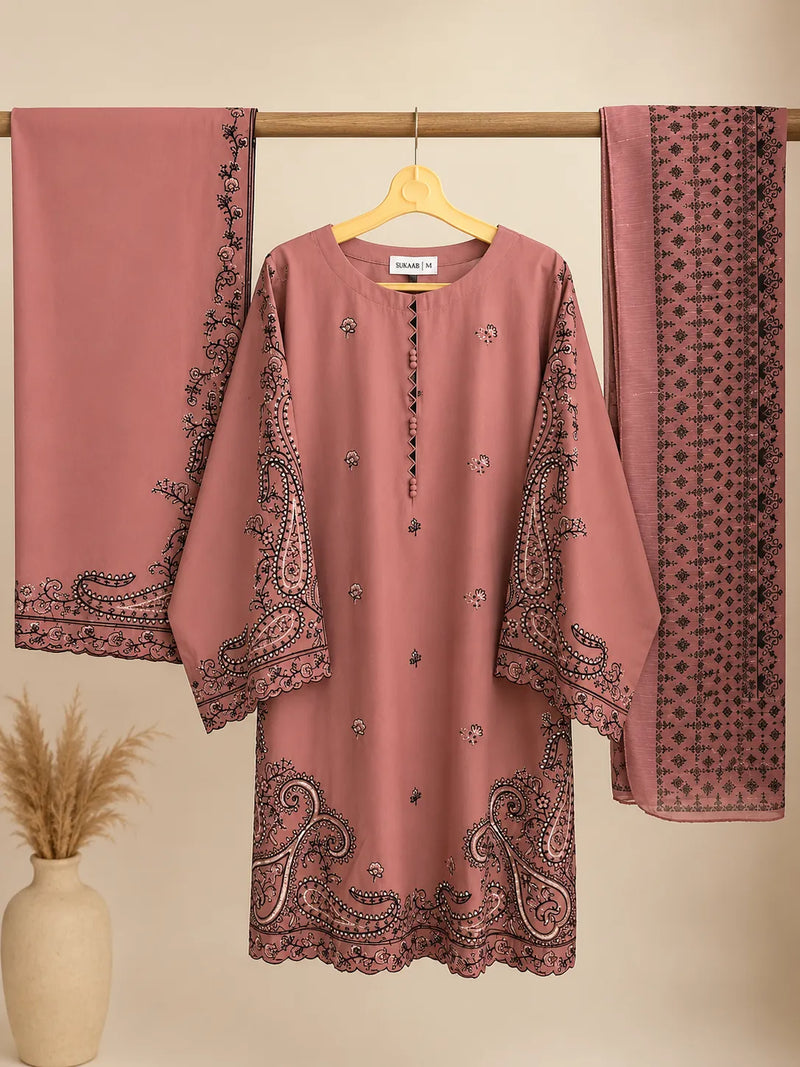 Salmon Pink & Black Paisley Embroidered Lawn 3-Piece Stitched Suit with Doriya Dupatta & Embroidered Trouser