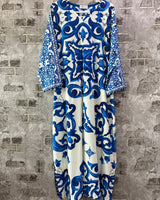 Turkish Print Blue & White Lawn 2 Piece Kaftan Suit | Tile Neckline & Matching Trousers