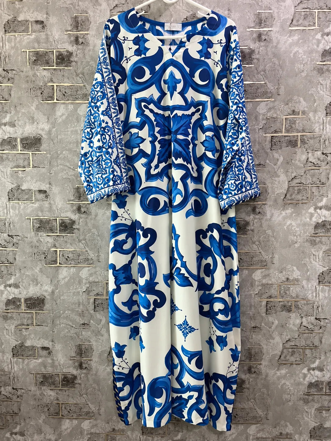 Turkish Print Blue & White Lawn 2 Piece Kaftan Suit | Tile Neckline & Matching Trousers