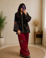 Black & Red Embroidered Short Kurti 3-Piece Stitched Suit with Shalwar