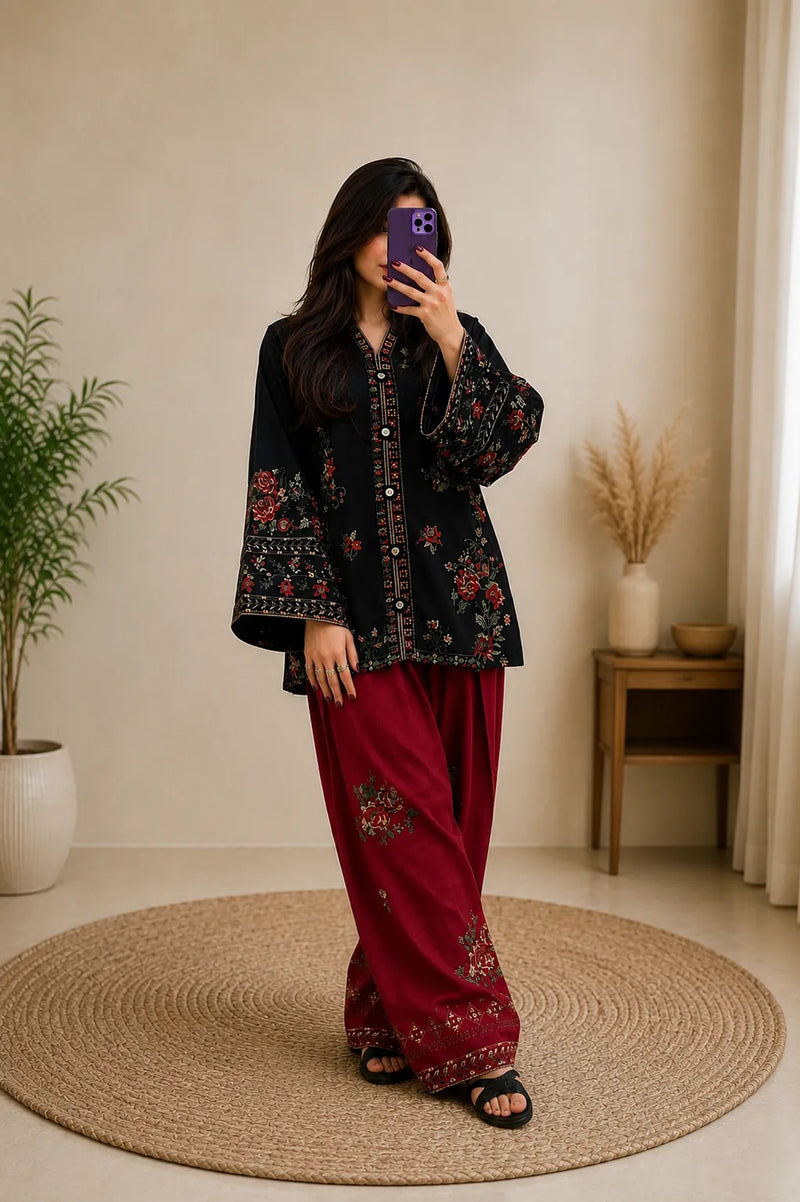 Black & Red Embroidered Short Kurti 3-Piece Stitched Suit with Shalwar