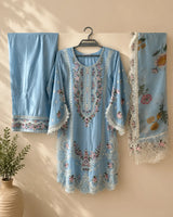 Ink Blue / Powder Blue Embroidered Short Kurti 3-Piece Stitched Suit with Wide-Leg Trousers & Floral Dupatta