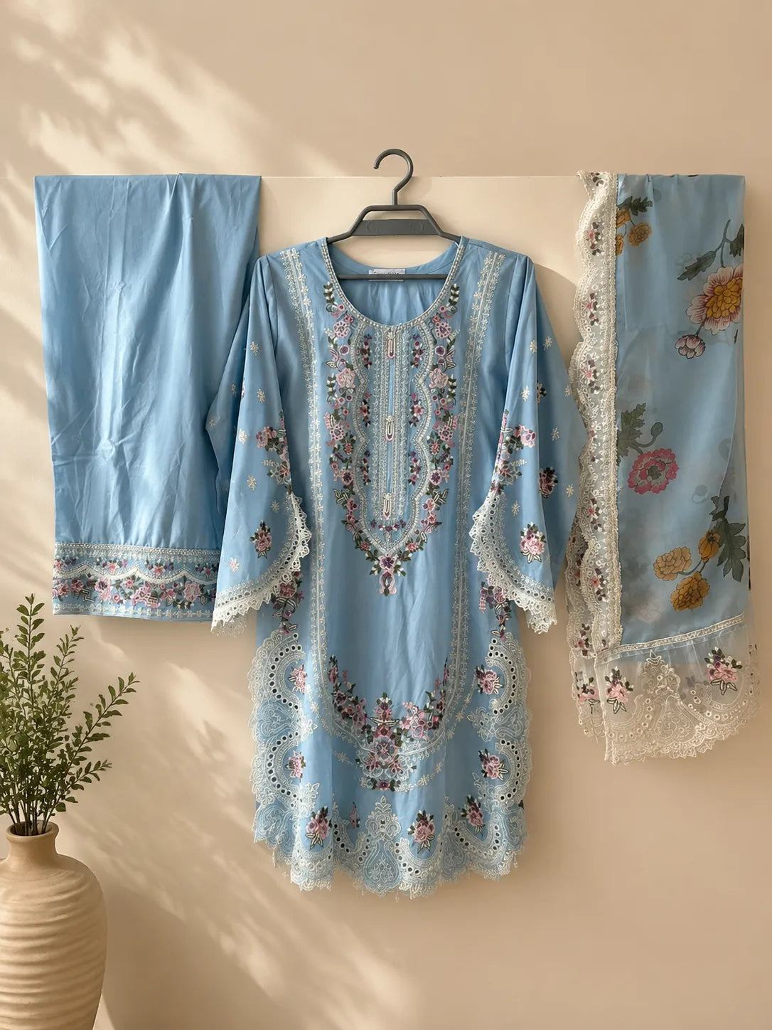 Ink Blue / Powder Blue Embroidered Short Kurti 3-Piece Stitched Suit with Wide-Leg Trousers & Floral Dupatta