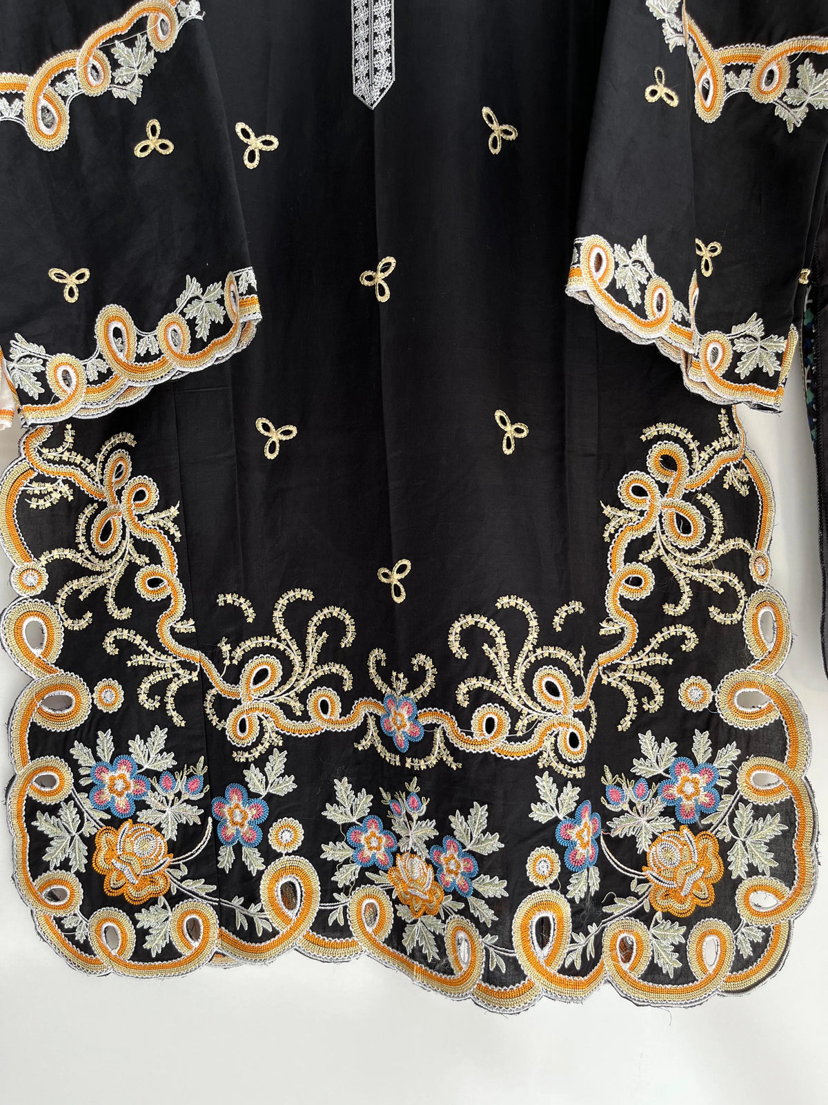 Black & White Embroidered Short Shirt 3-Piece Stitched Suit with Bamber Dupatta