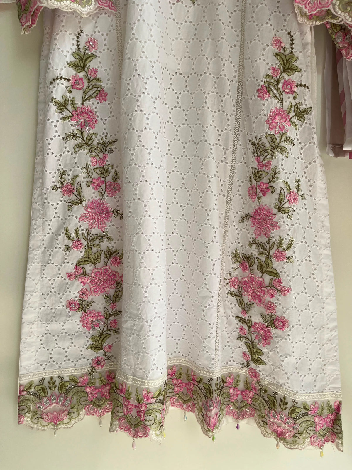 Pure White Schiffli Embroidered Lawn 3-Piece Stitched Suit with Pink Floral Cutwork & Printed Chiffon Dupatta