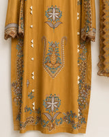 Mustard Gold Ethnic Inspired Embroidered 3-Piece Stitched Lawn Suit with Net Dupatta
