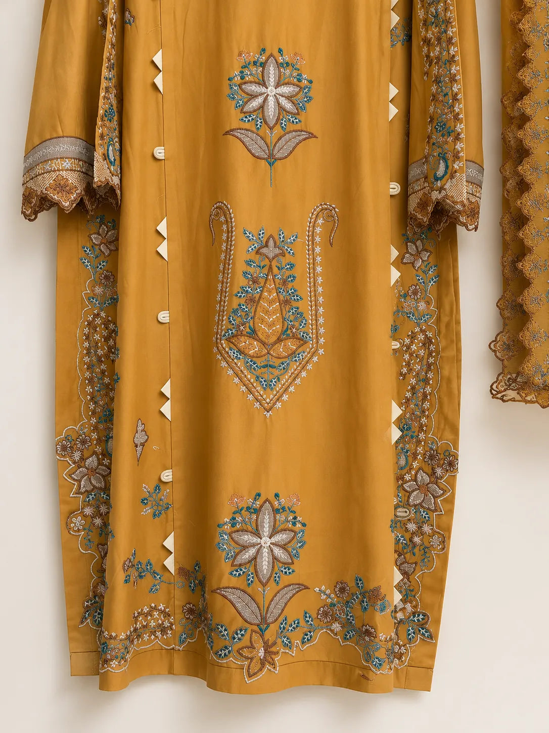 Mustard Gold Ethnic Inspired Embroidered 3-Piece Stitched Lawn Suit with Net Dupatta