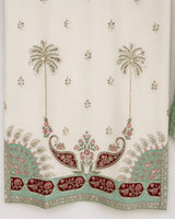 Off-White & Sea Green Ambi Paisley Embroidered Lawn 3-Piece Stitched Suit with Pearl Neckline & Printed Dupatta