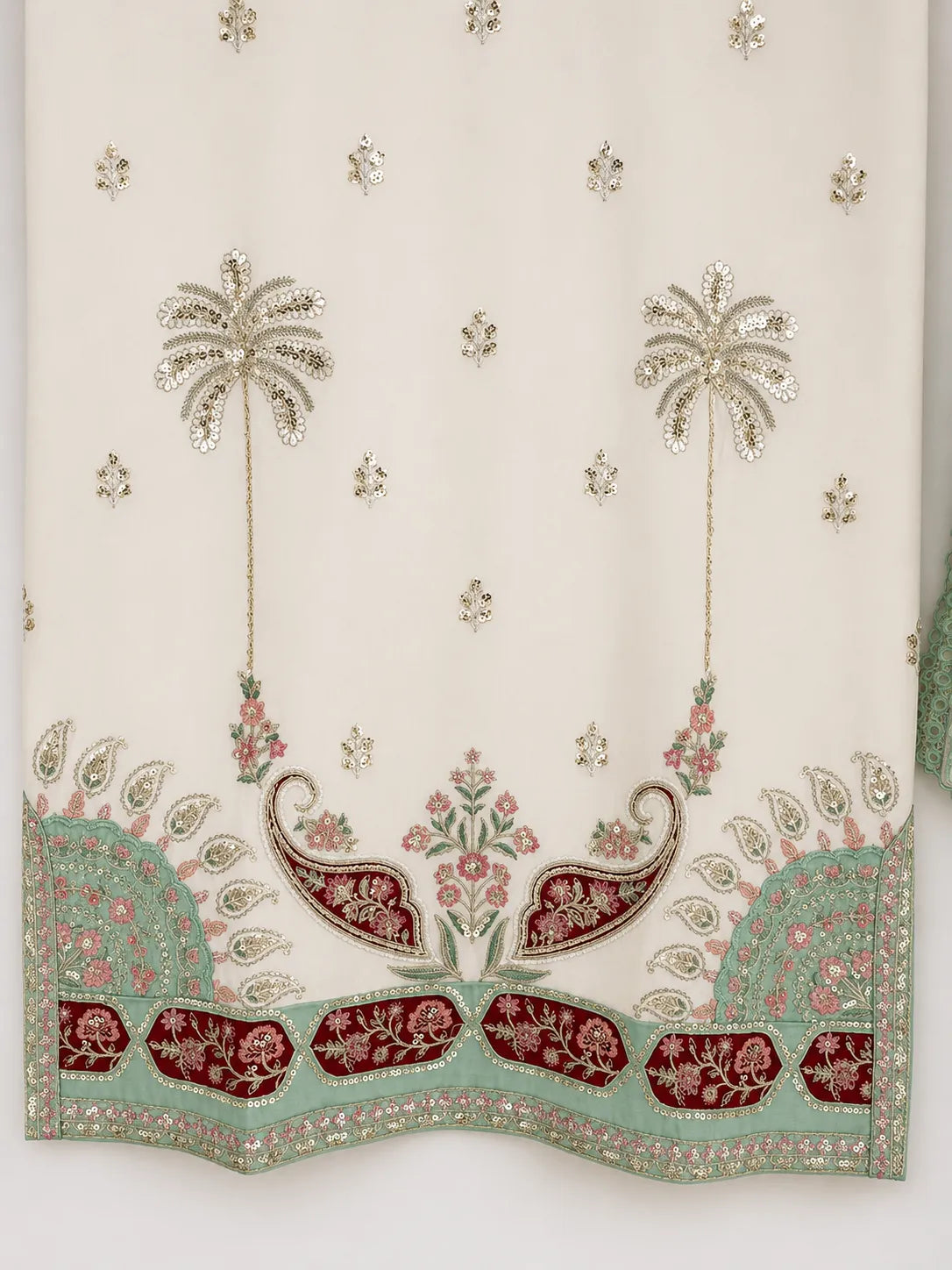 Off-White & Sea Green Ambi Paisley Embroidered Lawn 3-Piece Stitched Suit with Pearl Neckline & Printed Dupatta
