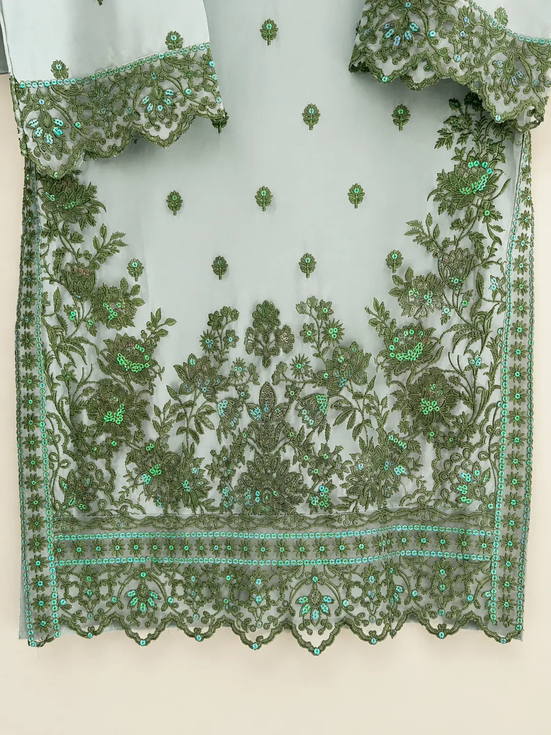 Mint Embroidered 3-Piece Stitched Suit with Shalwar & Organza Dupatta