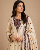 Off-White & Crimson Red Floral Embroidered Long 3-Piece Stitched Lawn Suit with Embroidered Dupatta