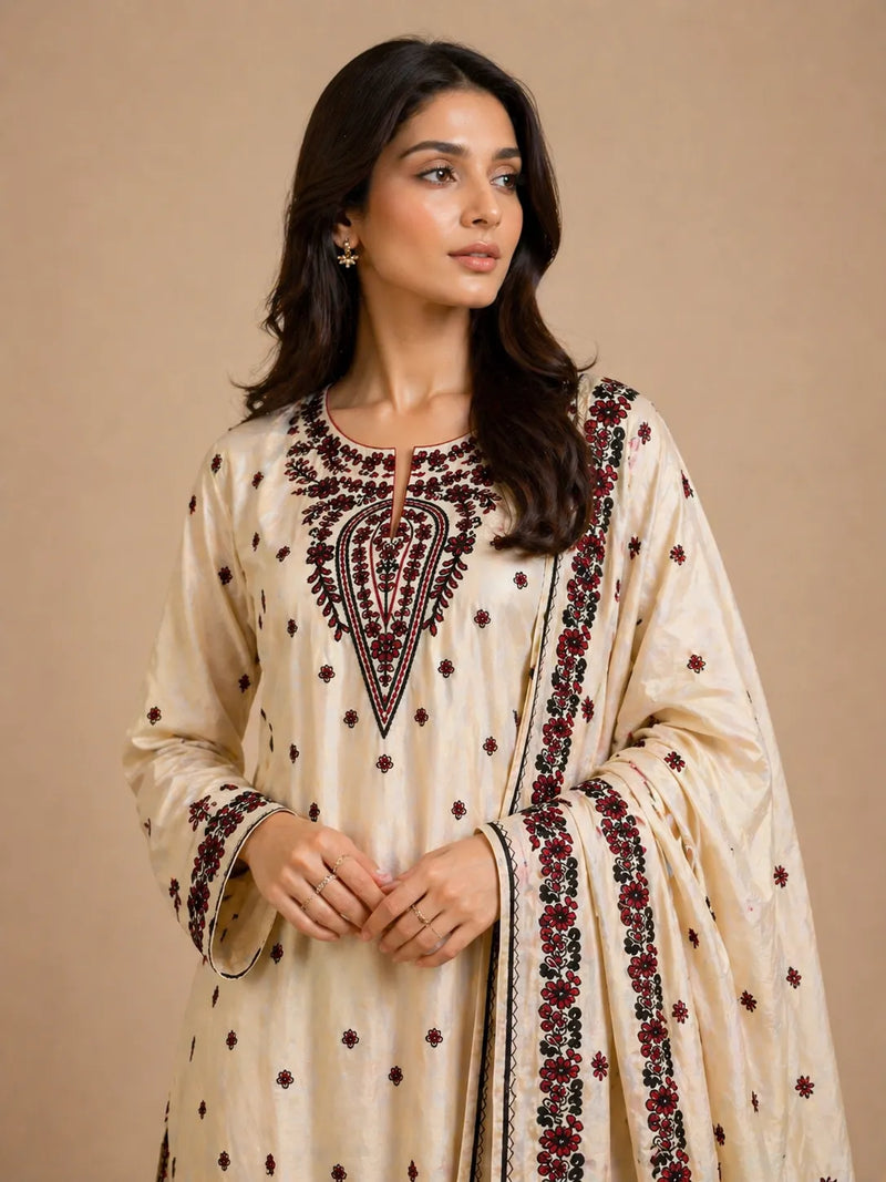 Off-White & Crimson Red Floral Embroidered Long 3-Piece Stitched Lawn Suit with Embroidered Dupatta