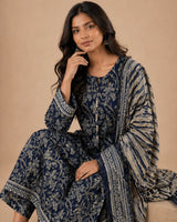 Navy Blue Floral Lawn 3 Piece Suit | Tassel Neckline & Matching Dupatta
