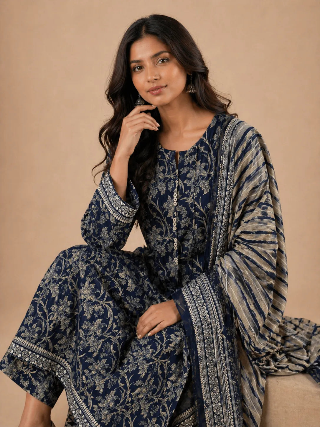 Navy Blue Floral Lawn 3 Piece Suit | Tassel Neckline & Matching Dupatta