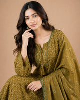 Olive Green Printed Lawn 3 Piece Suit | Tassel Neckline & Bordered Dupatta