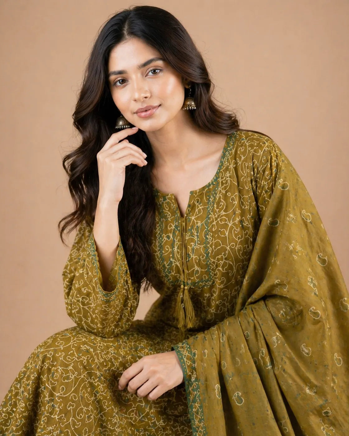Olive Green Printed Lawn 3 Piece Suit | Tassel Neckline & Bordered Dupatta