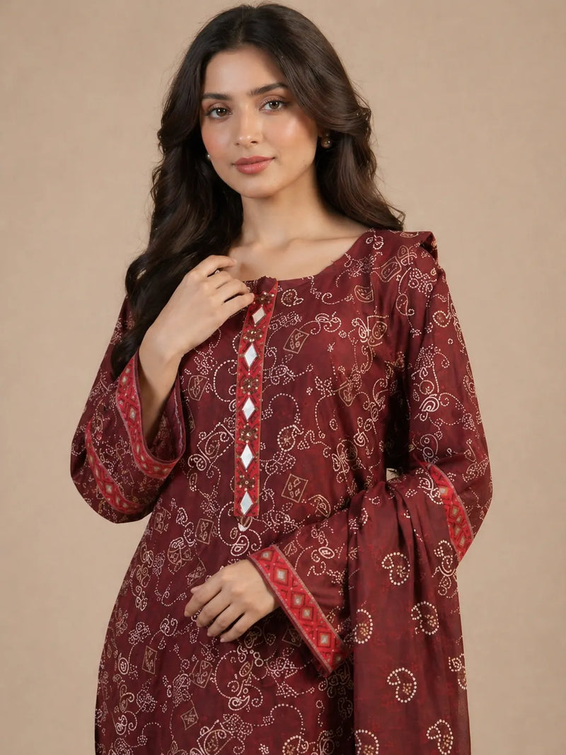 Maroon Printed Lawn 3 Piece Suit | Buttoned Neckline & Matching Dupatta