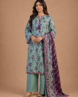 Teal Green Floral Lawn 3 Piece Suit | Purple Tassel Neckline & Contrasting Dupatta