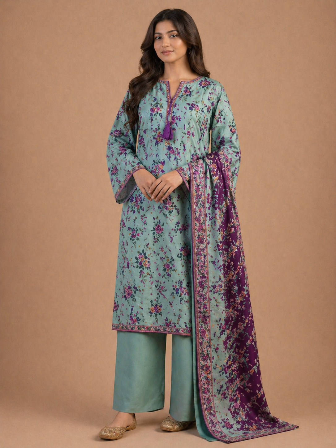 Teal Green Floral Lawn 3 Piece Suit | Purple Tassel Neckline & Contrasting Dupatta