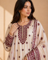 Off-White & Maroon Red Floral Embroidered Lawn 3-Piece Stitched Suit with Embroidered Dupatta