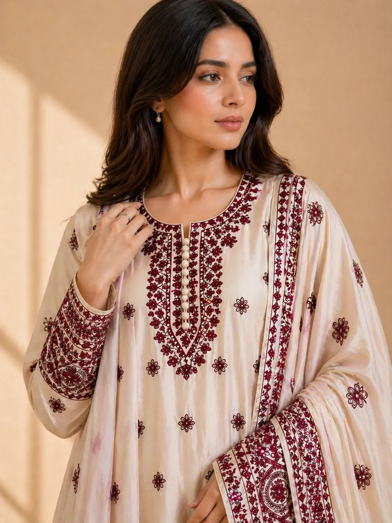 Off-White & Maroon Red Floral Embroidered Lawn 3-Piece Stitched Suit with Embroidered Dupatta