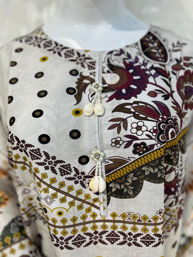 Skin Patterned Lawn Kaftan 3 Piece Suit | Pearl Tassel Neckline & Paisley Borders