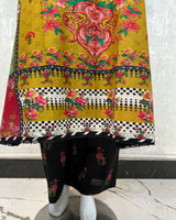 Mustard Yellow Colorful Floral Lawn Kaftan 3 Piece Suit | Embroidered Placket & Patchwork Borders