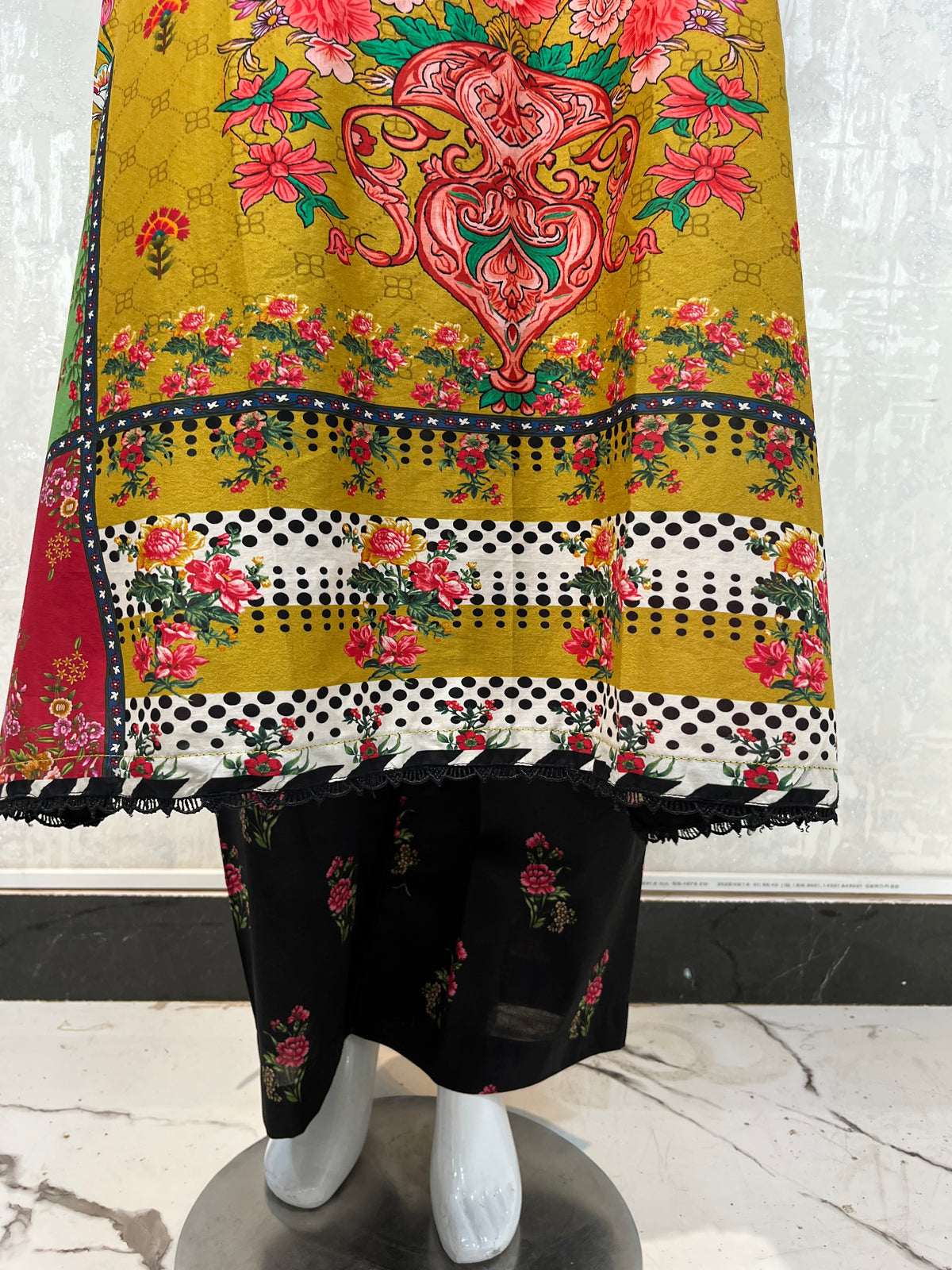 Mustard Yellow Colorful Floral Lawn Kaftan 3 Piece Suit | Embroidered Placket & Patchwork Borders
