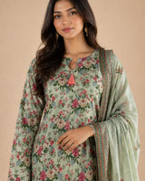 Pista Green Floral Lawn 3 Piece Suit | Tassel Neckline & Matching Dupatta