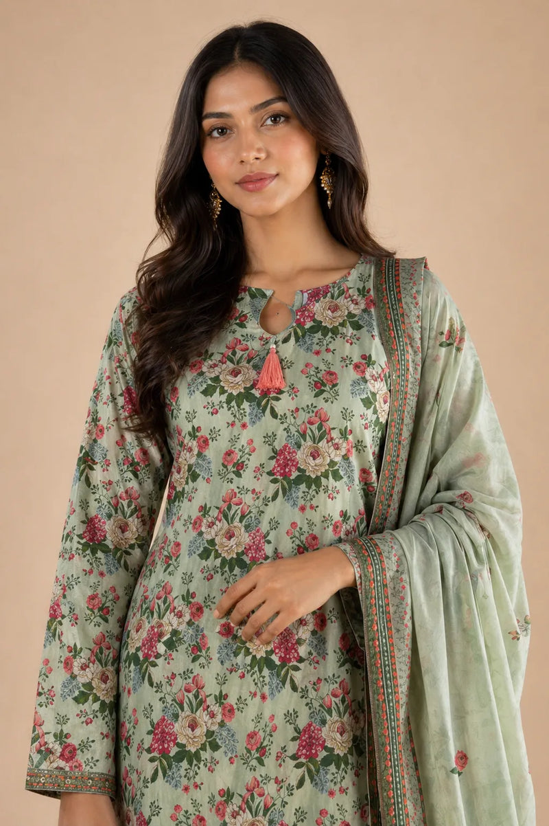 Pista Green Floral Lawn 3 Piece Suit | Tassel Neckline & Matching Dupatta
