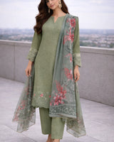 Olive Green Floral Embroidered Lawn 3-Piece Stitched Suit with Printed Organza Dupatta