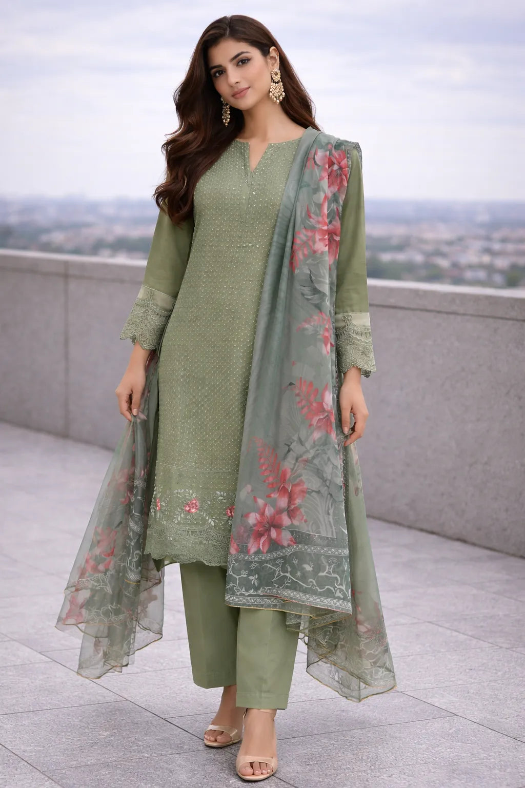Olive Green Floral Embroidered Lawn 3-Piece Stitched Suit with Printed Organza Dupatta