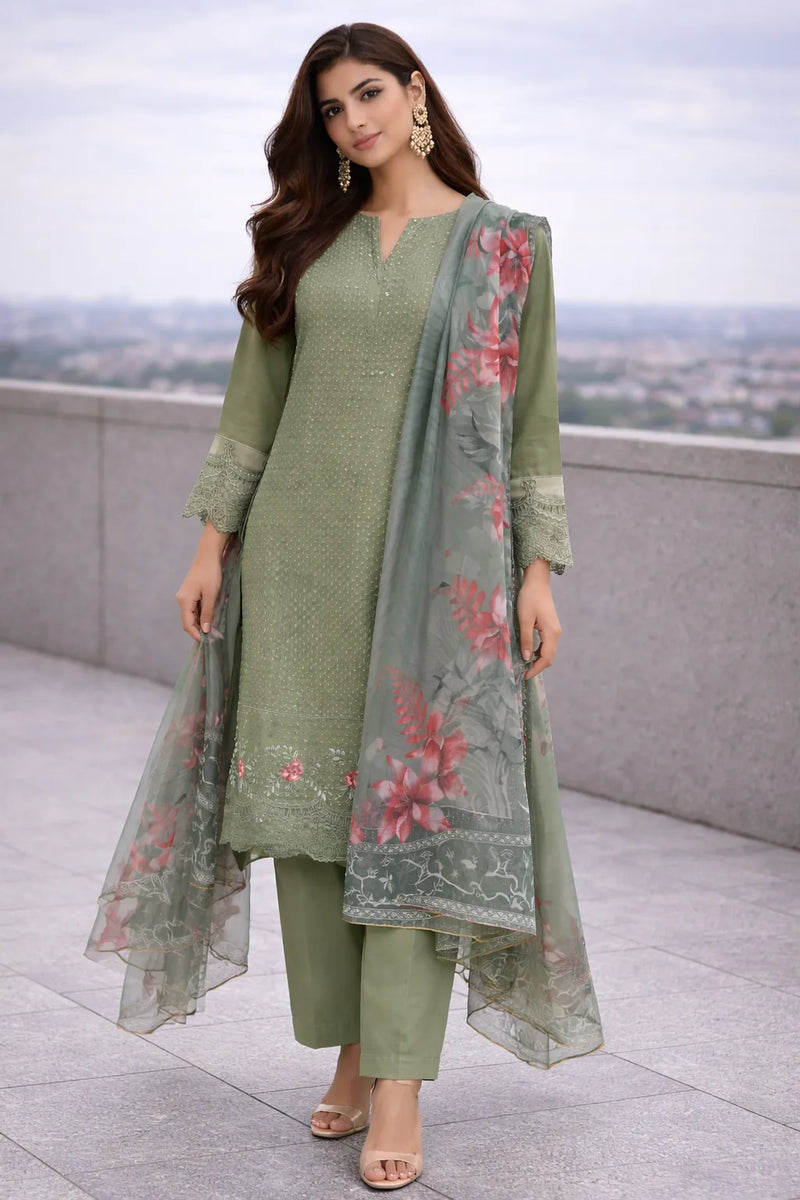 Olive Green Floral Embroidered Lawn 3-Piece Stitched Suit with Printed Organza Dupatta