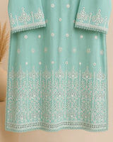 Aqua Blue Embroidered Short Shirt & Trouser 3-Piece Suit with Bamber Dupatta