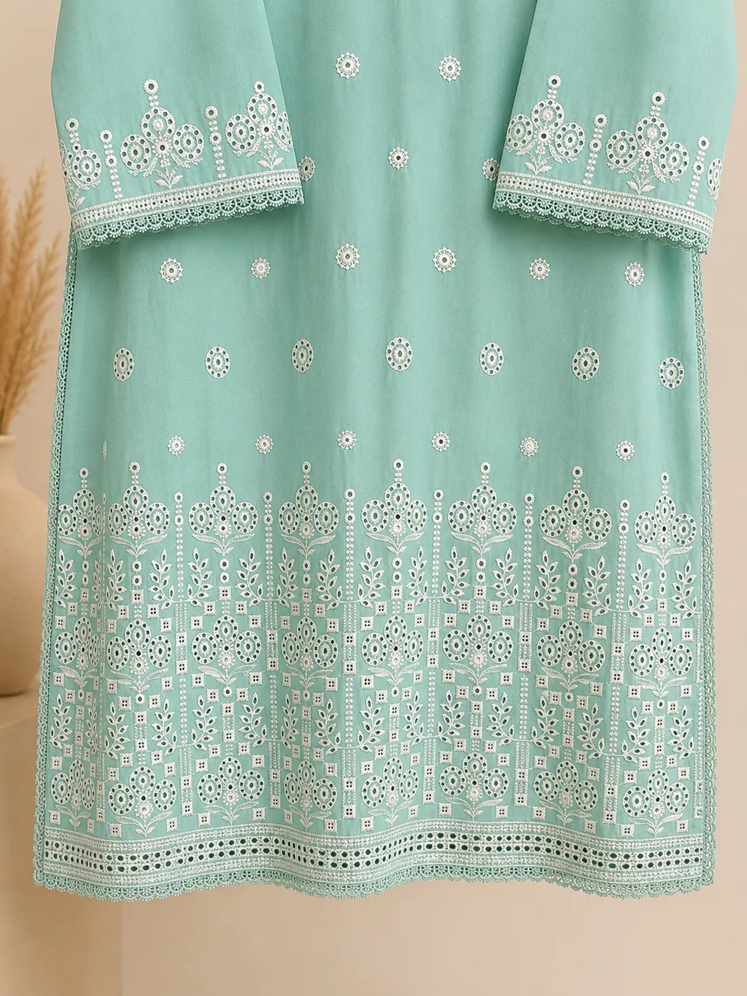 Aqua Blue Embroidered Short Shirt & Trouser 3-Piece Suit with Bamber Dupatta