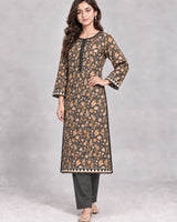 Grey & Orange Floral Printed Lawn 2 Piece Suit | Lace Accents & Solid Trousers