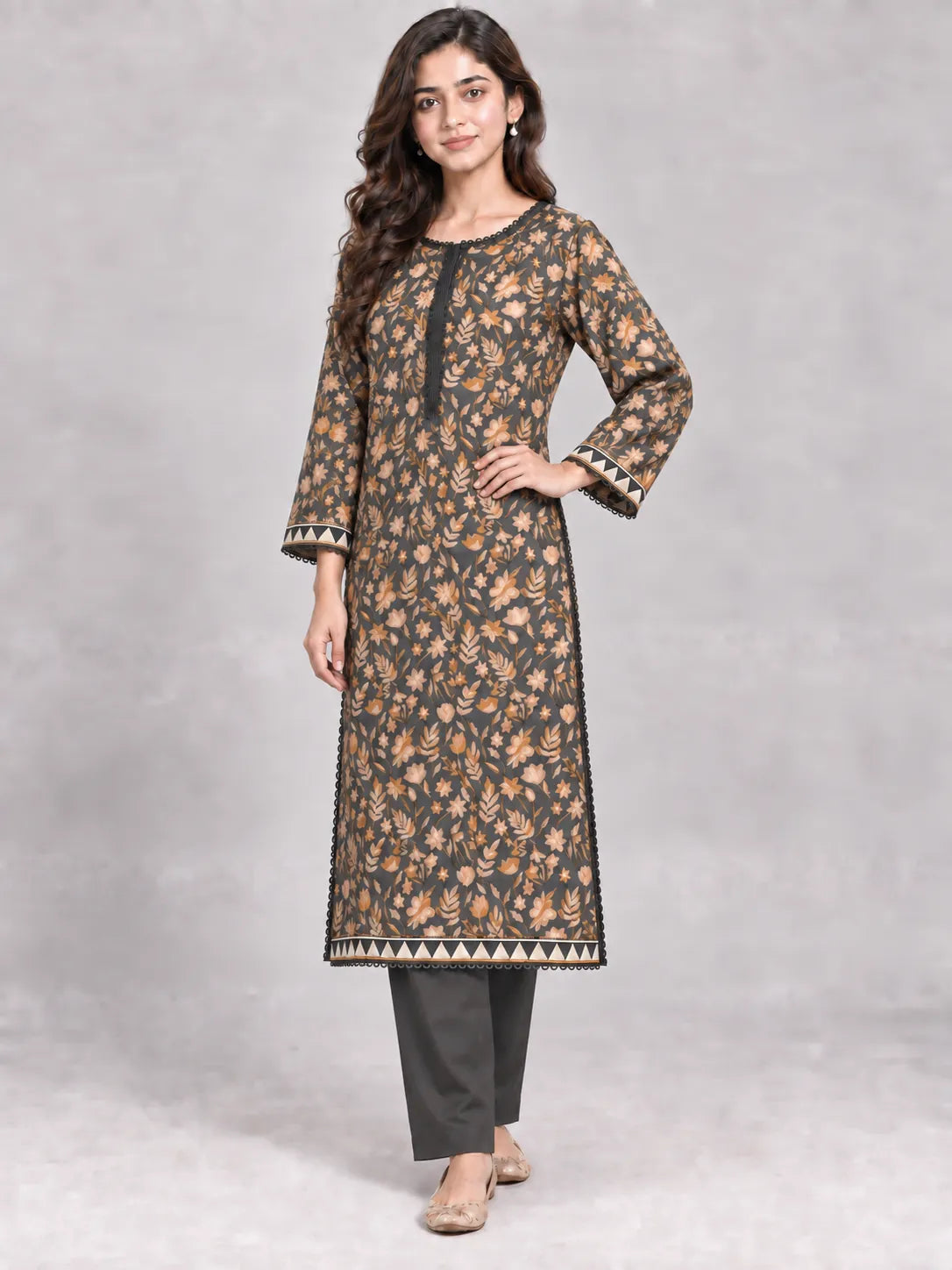 Grey & Orange Floral Printed Lawn 2 Piece Suit | Lace Accents & Solid Trousers