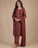 Maroon Printed Lawn 3 Piece Suit | Buttoned Neckline & Matching Dupatta