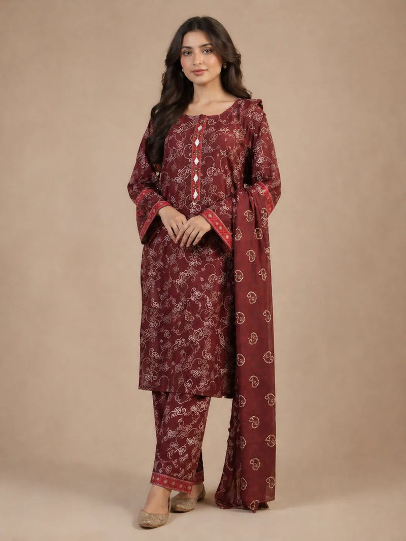 Maroon Printed Lawn 3 Piece Suit | Buttoned Neckline & Matching Dupatta