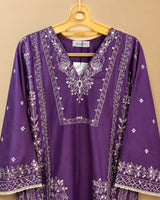 Royal Purple Embroidered Short Lawn Kurti 3-Piece Stitched Suit with Printed Dupatta & Embroidered Trouser