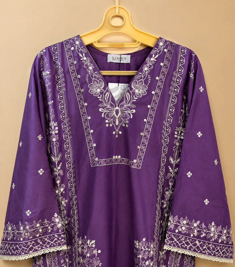 Royal Purple Embroidered Short Lawn Kurti 3-Piece Stitched Suit with Printed Dupatta & Embroidered Trouser