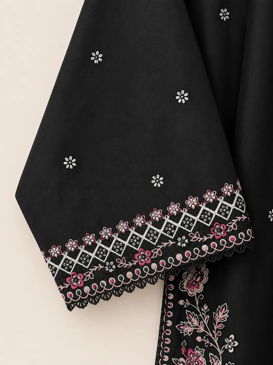 Black Embroidered Long Shirt 3-Piece Stitched Suit with Neckline Tassels & Bamber Dupatta