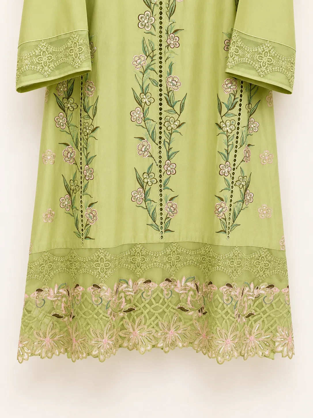 Light Pistachio Green Floral Embroidered 3-Piece Stitched Lawn Suit with Bamber Dupatta