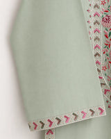 Pistachio Green Floral Embroidered Lawn 3-Piece Stitched Suit with Off-White Embroidered Trouser & Chiffon Dupatta