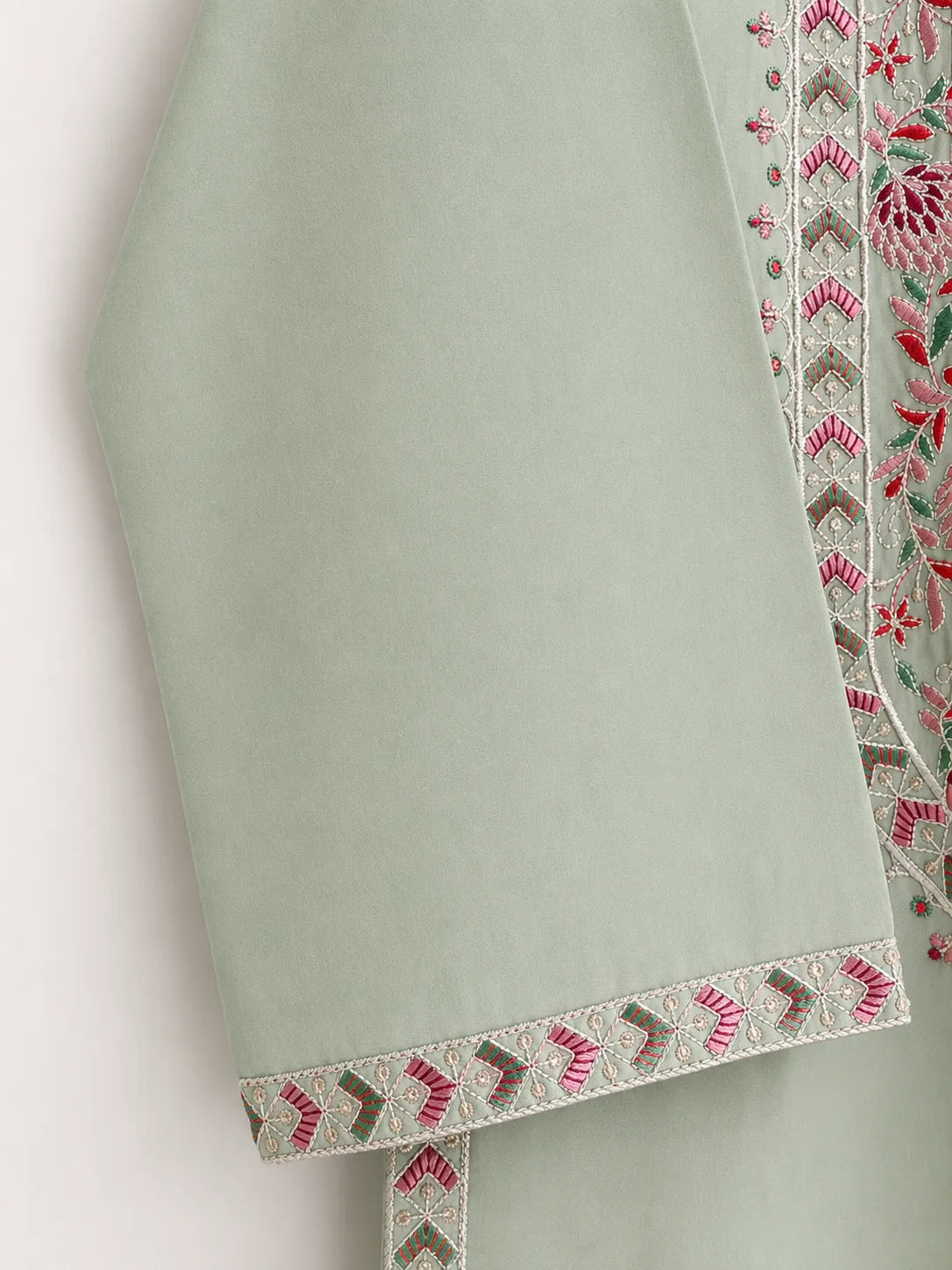 Pistachio Green Floral Embroidered Lawn 3-Piece Stitched Suit with Off-White Embroidered Trouser & Chiffon Dupatta