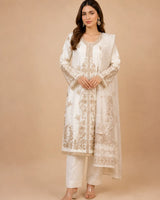 Off-White & Gold Embroidered Lawn 3-Piece Stitched Suit with Organza Cutwork Hem & Embroidered Dupatta