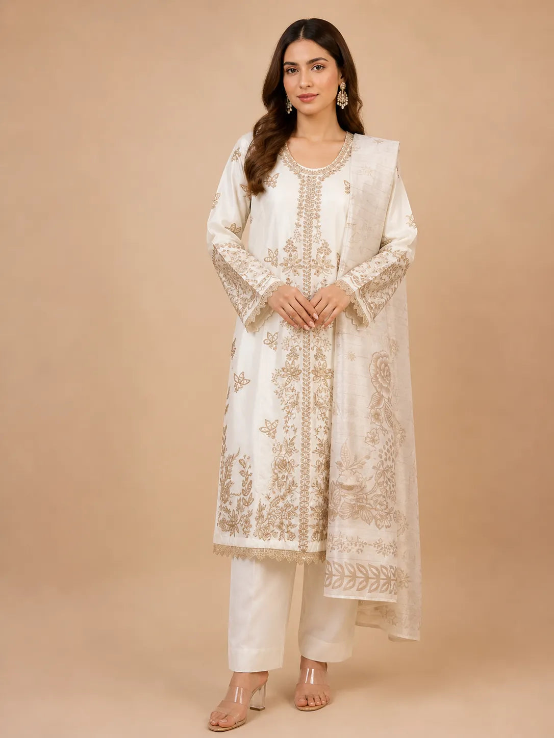 Off-White & Gold Embroidered Lawn 3-Piece Stitched Suit with Organza Cutwork Hem & Embroidered Dupatta