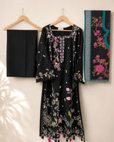 Black Long Embroidered 3-Piece Stitched Suit with Purple Floral Work & Printed Dupatta